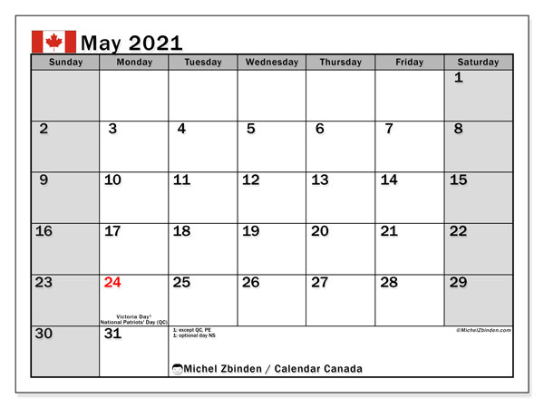 Printable May 2021 &quot;Canada&quot; Calendar - Michel Zbinden En