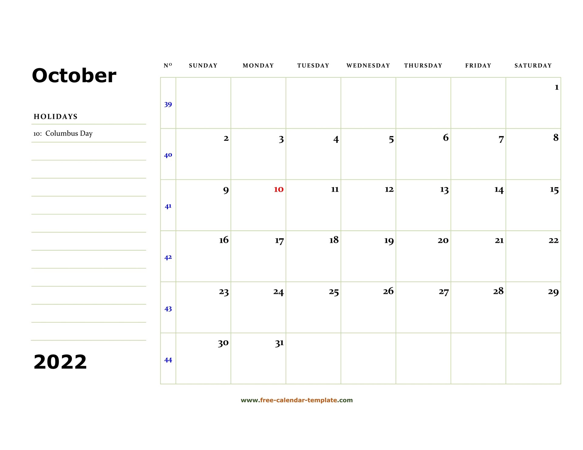 Printable October 2022 Calendar (Box And Lines For Notes