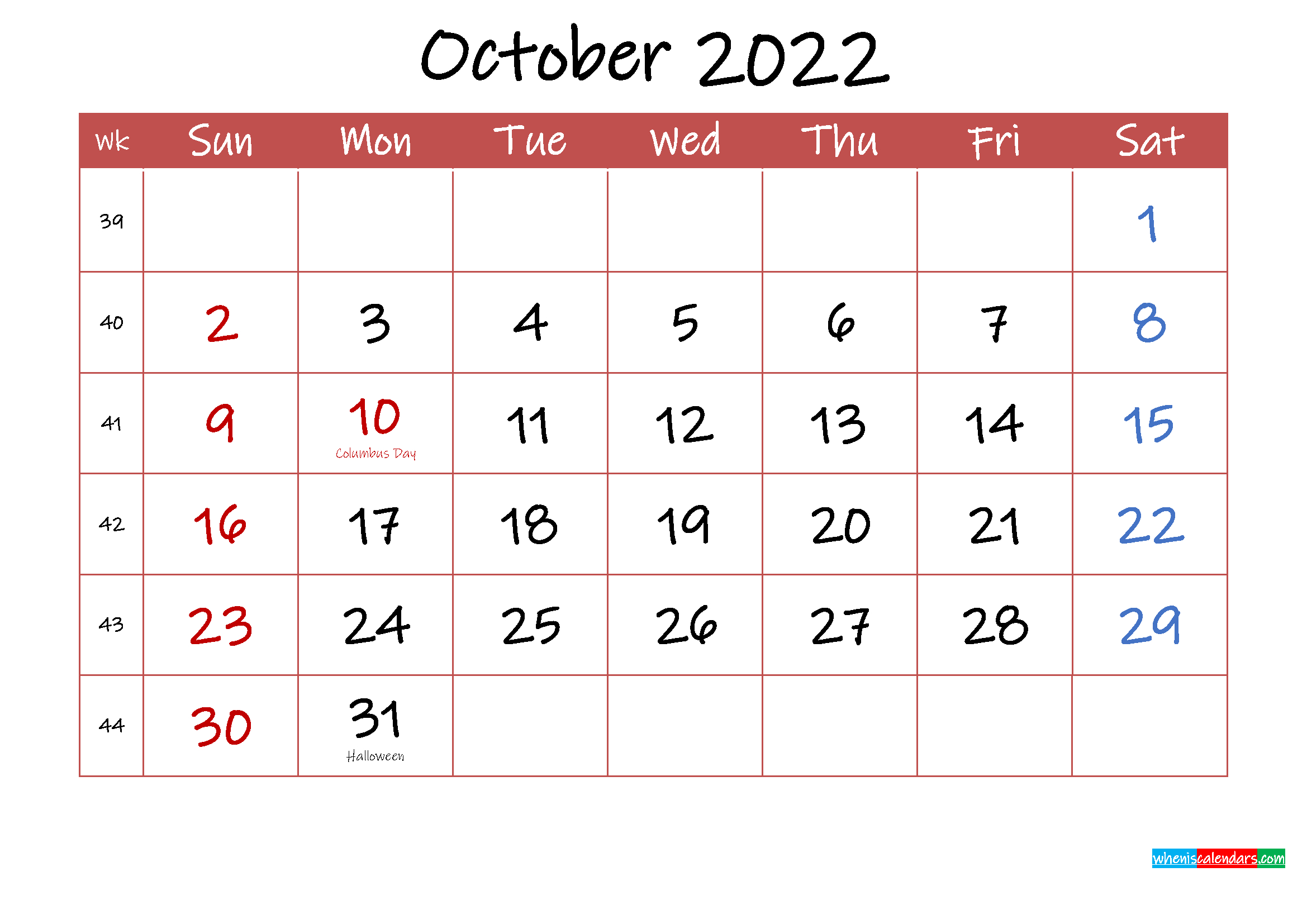 Printable October 2022 Calendar With Holidays - Template