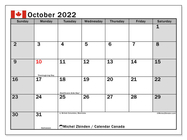 Printable October 2022 &quot;Canada&quot; Calendar - Michel Zbinden En