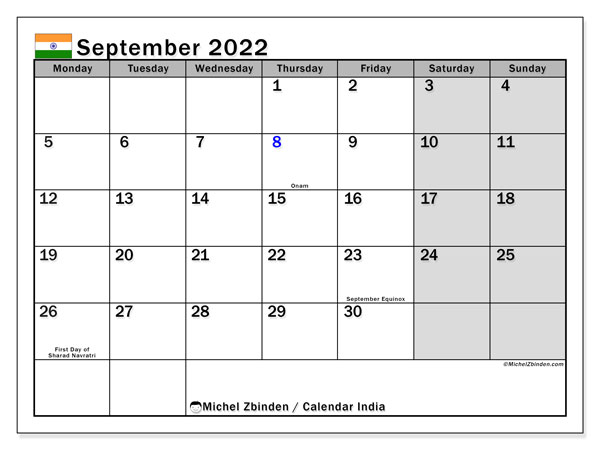 Printable September 2022 &quot;India&quot; Calendar - Michel Zbinden En