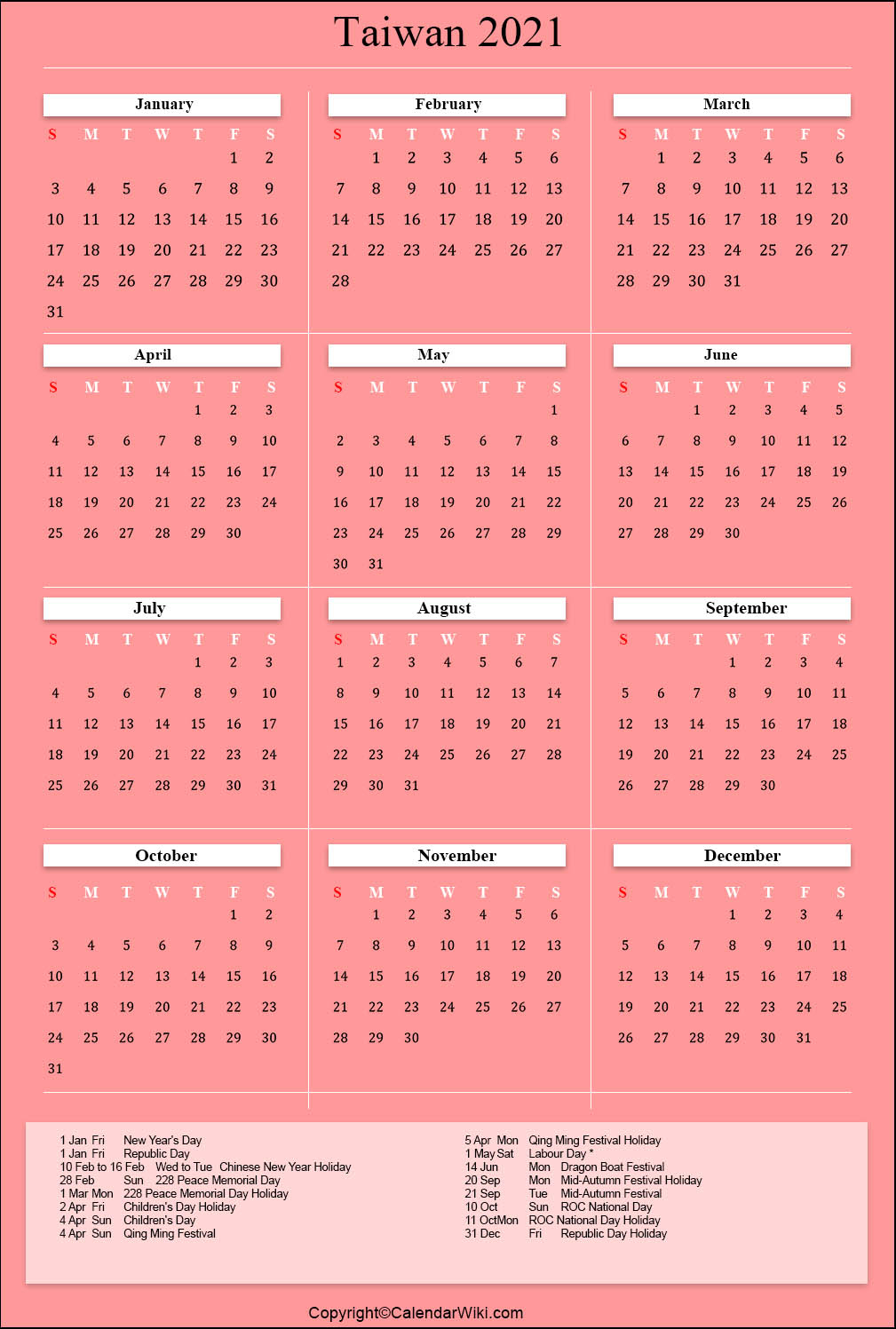 Printable Taiwan Calendar 2021 With Holidays [Public Holidays]