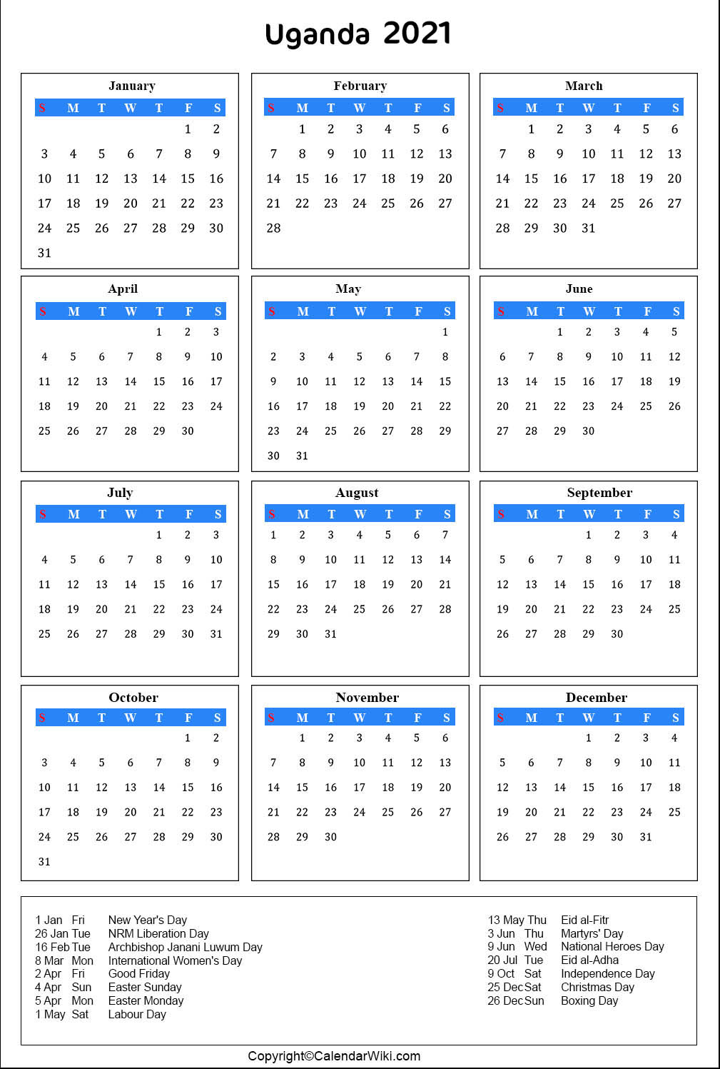 Printable Uganda Calendar 2021 With Holidays [Public Holidays]