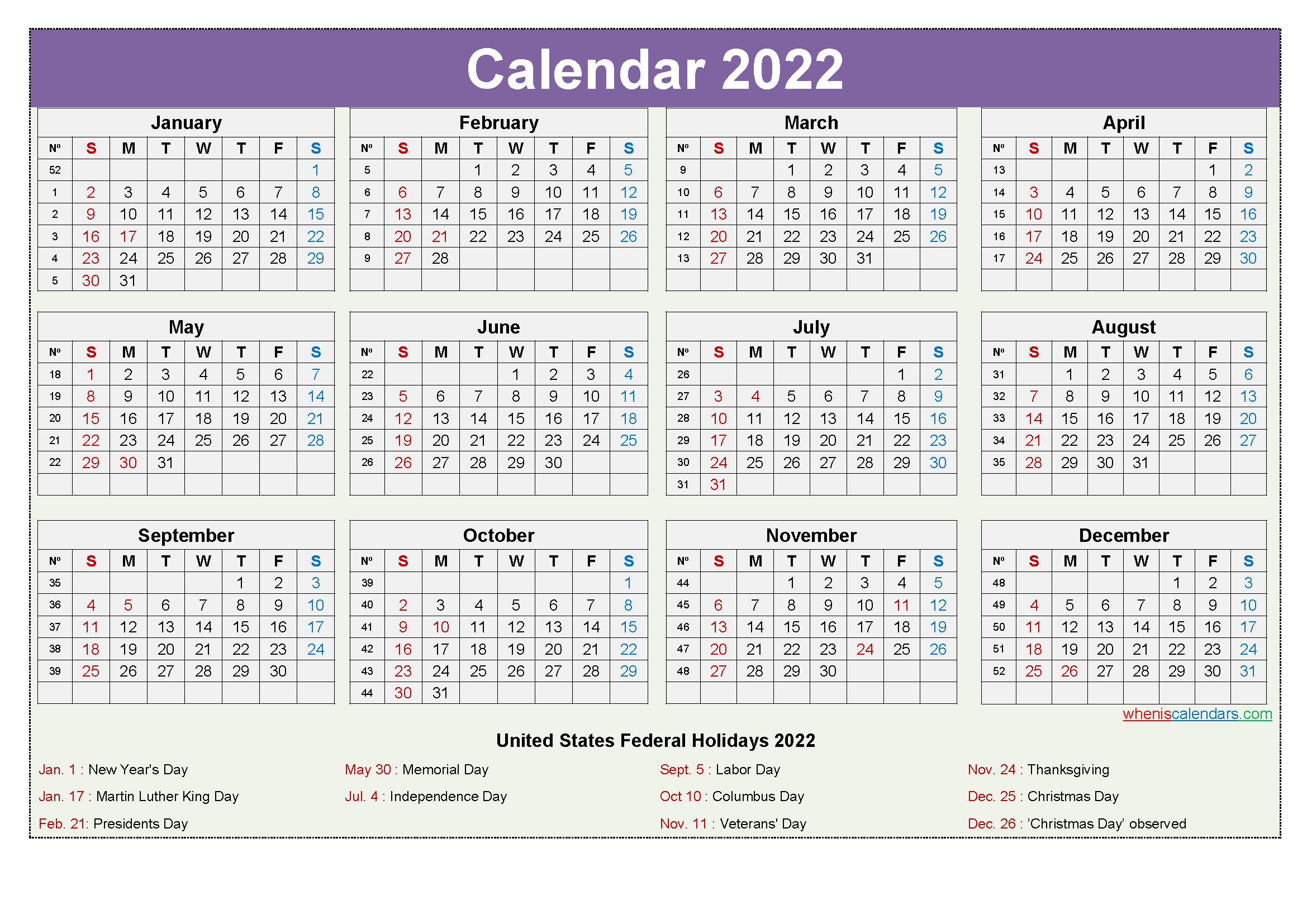 Printable Yearly 2022 Calendar With Holidays Word, Pdf