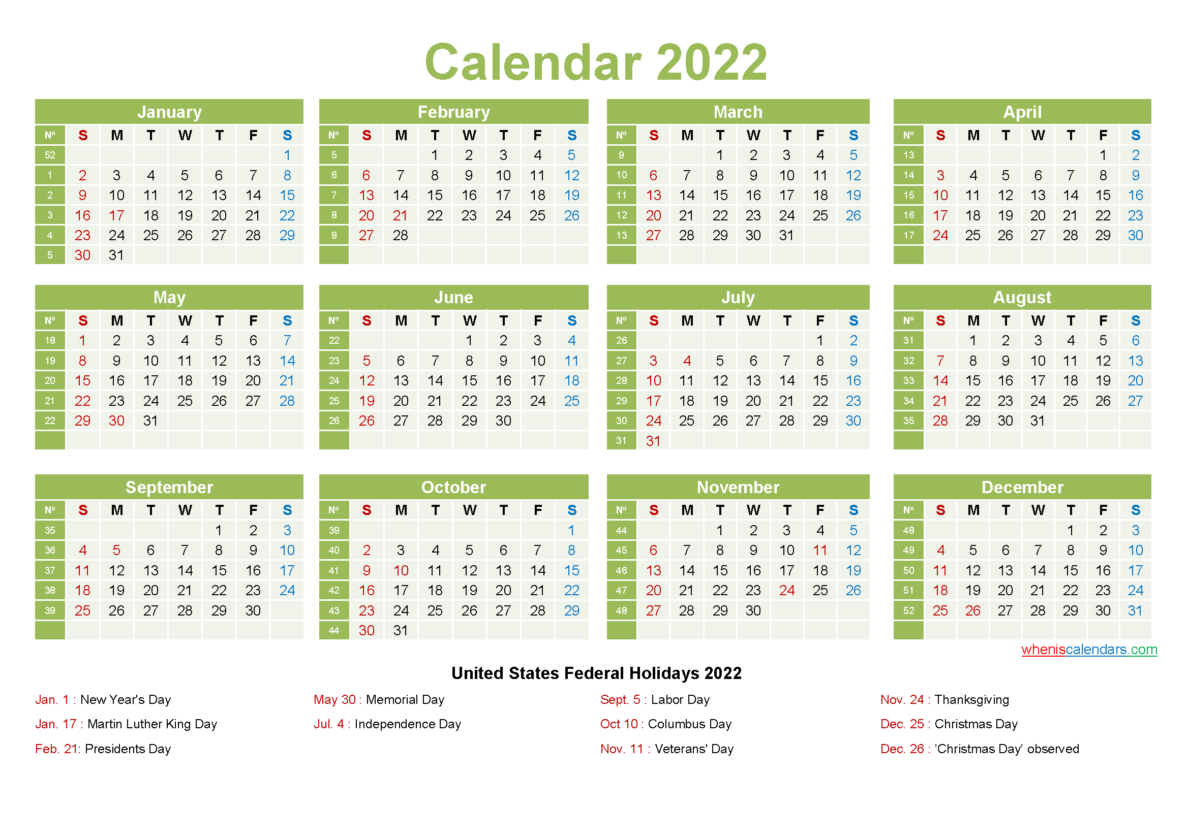 Printable Yearly 2022 Calendar With Holidays Word, Pdf