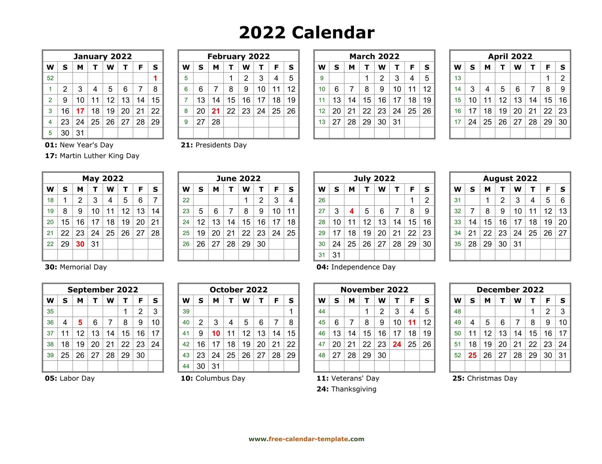 Printable Yearly Calendar 2022 | Free-Calendar-Template