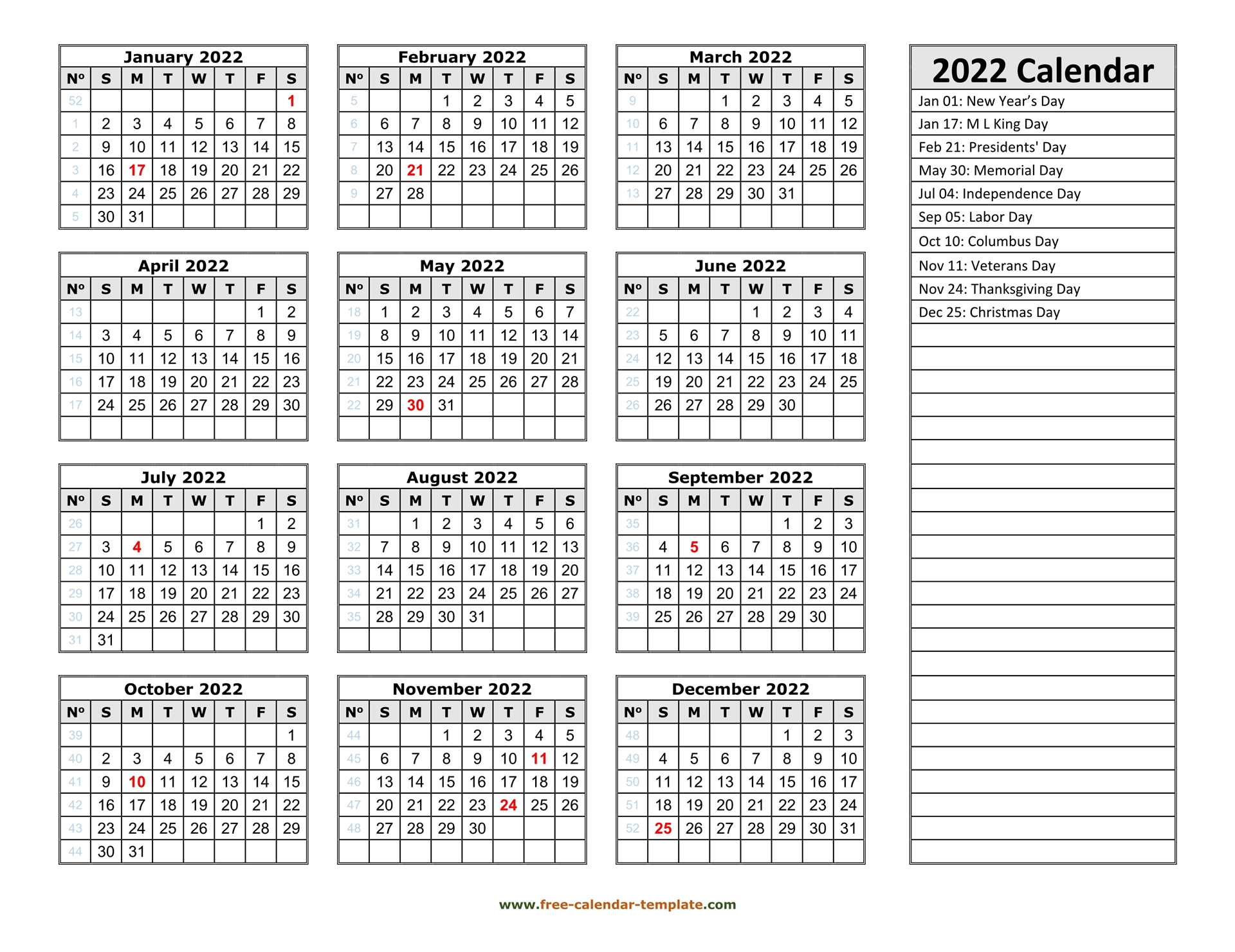 Printable Yearly Calendar 2022 | Free-Calendar-Template