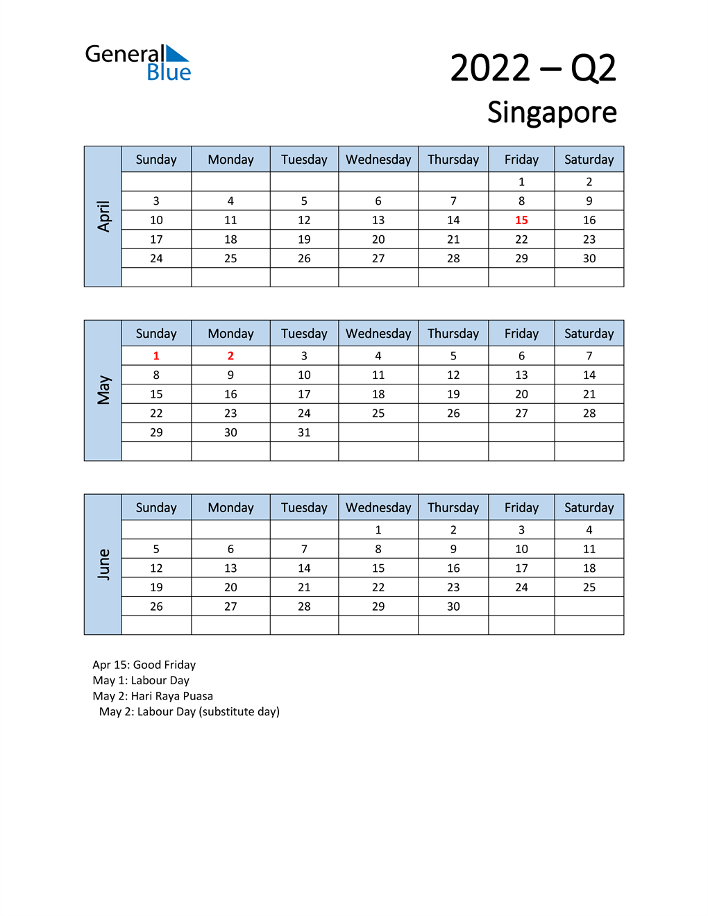 Q2 2022 Quarterly Calendar For Singapore