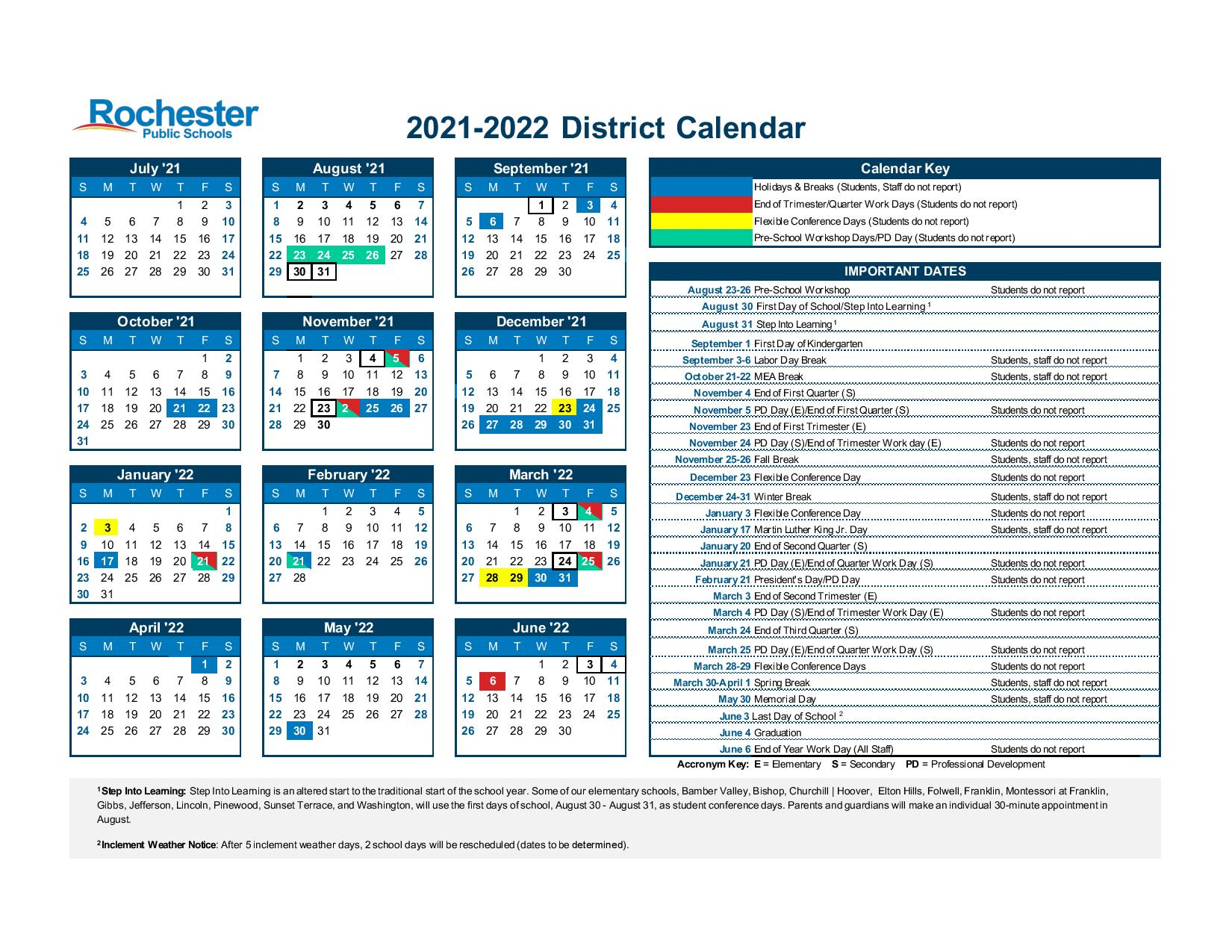 Rochester Public Schools Calendar 2021-2022 In Pdf