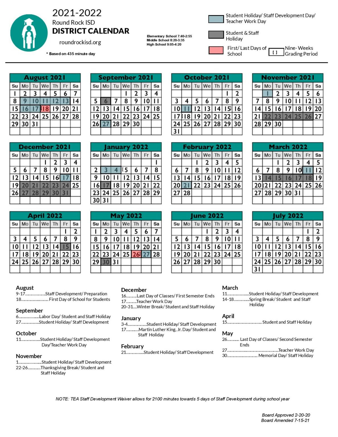 Round Rock Independent School District Calendar 2021-2022