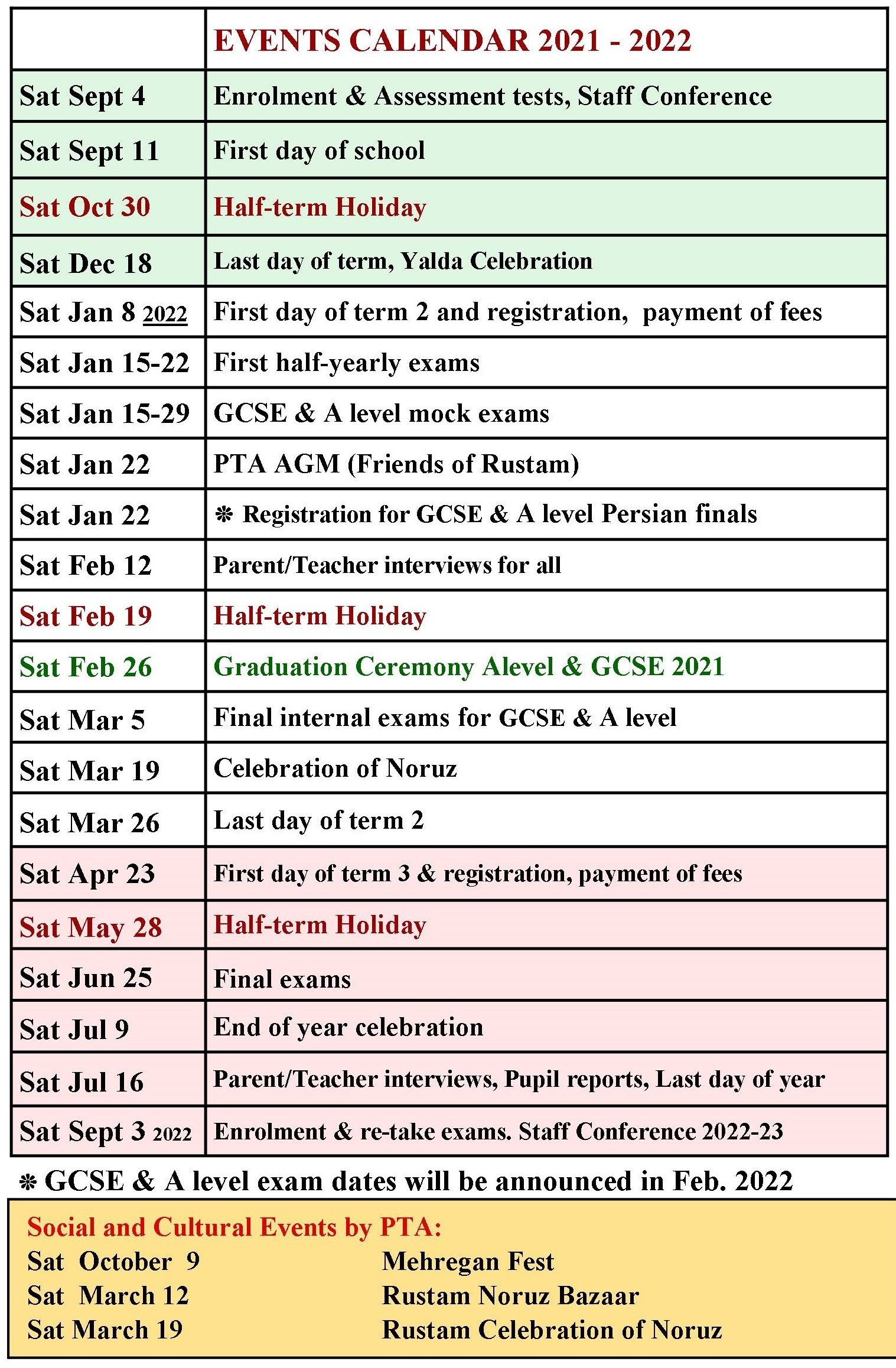 Rustam School Academic Year Calendar 2021 - 2022 - Rustam