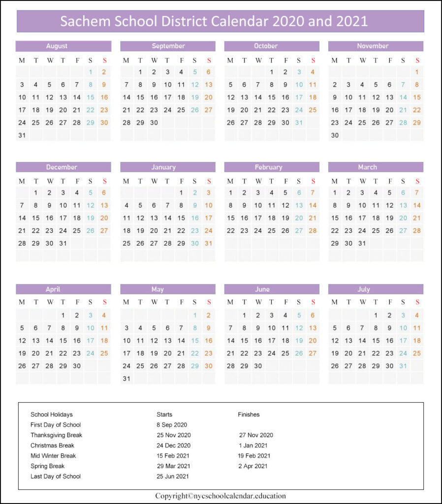 Sachem Central School District Calendar 2021-2022