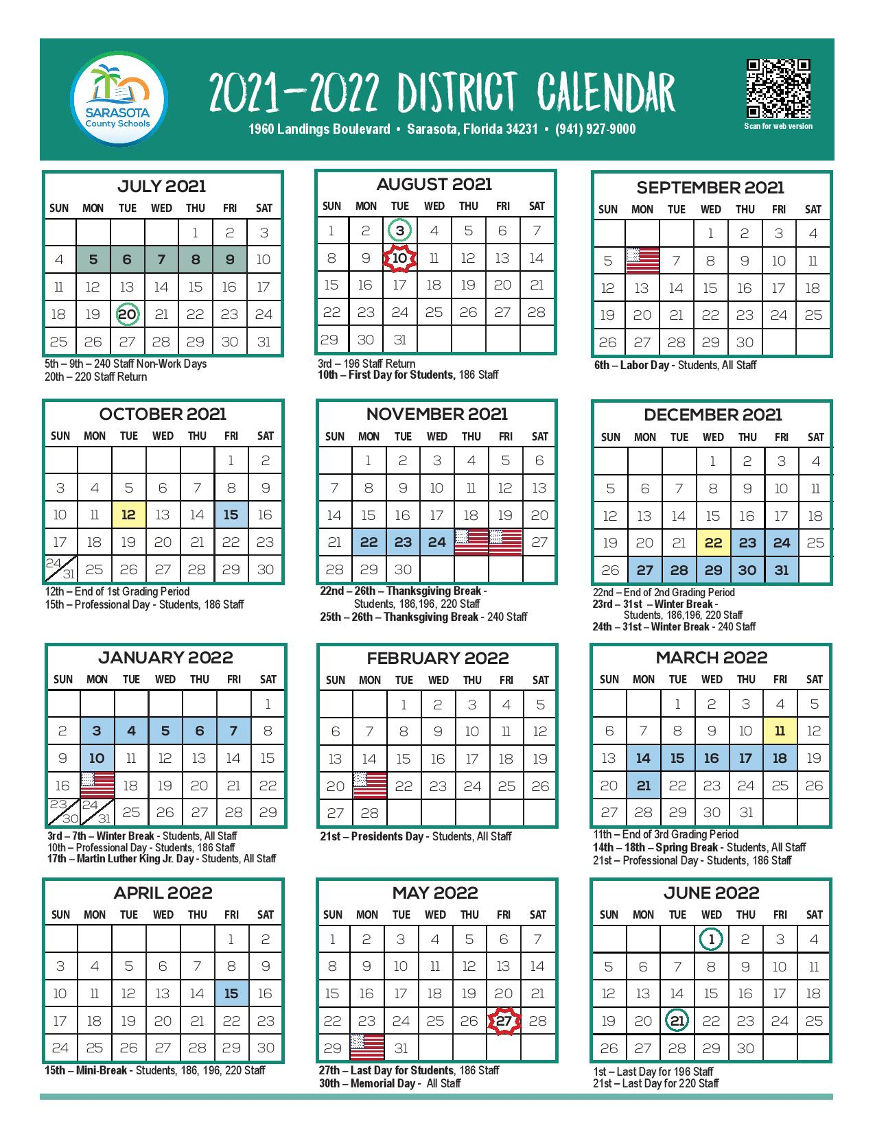 Sarasota County School Calendar 2021-2022 In Pdf