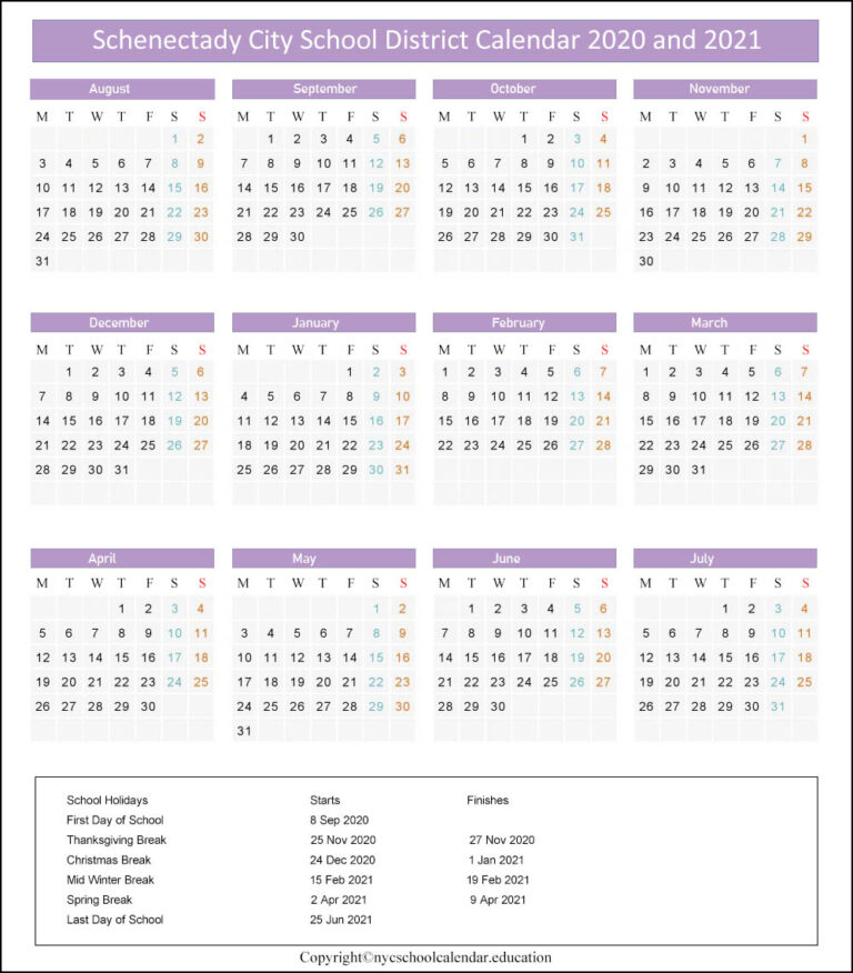 Schenectady City School District Calendar 2021-2022