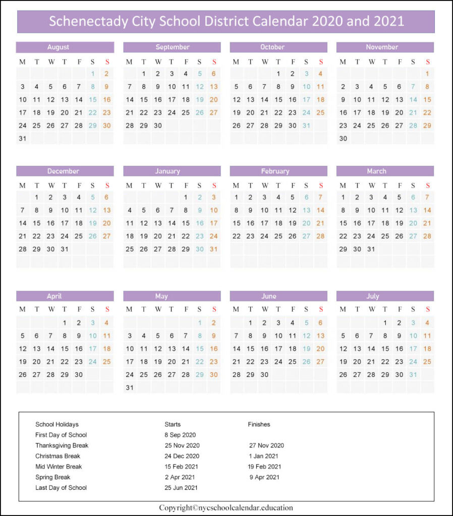 Schenectady City School District Calendar 2021-2022