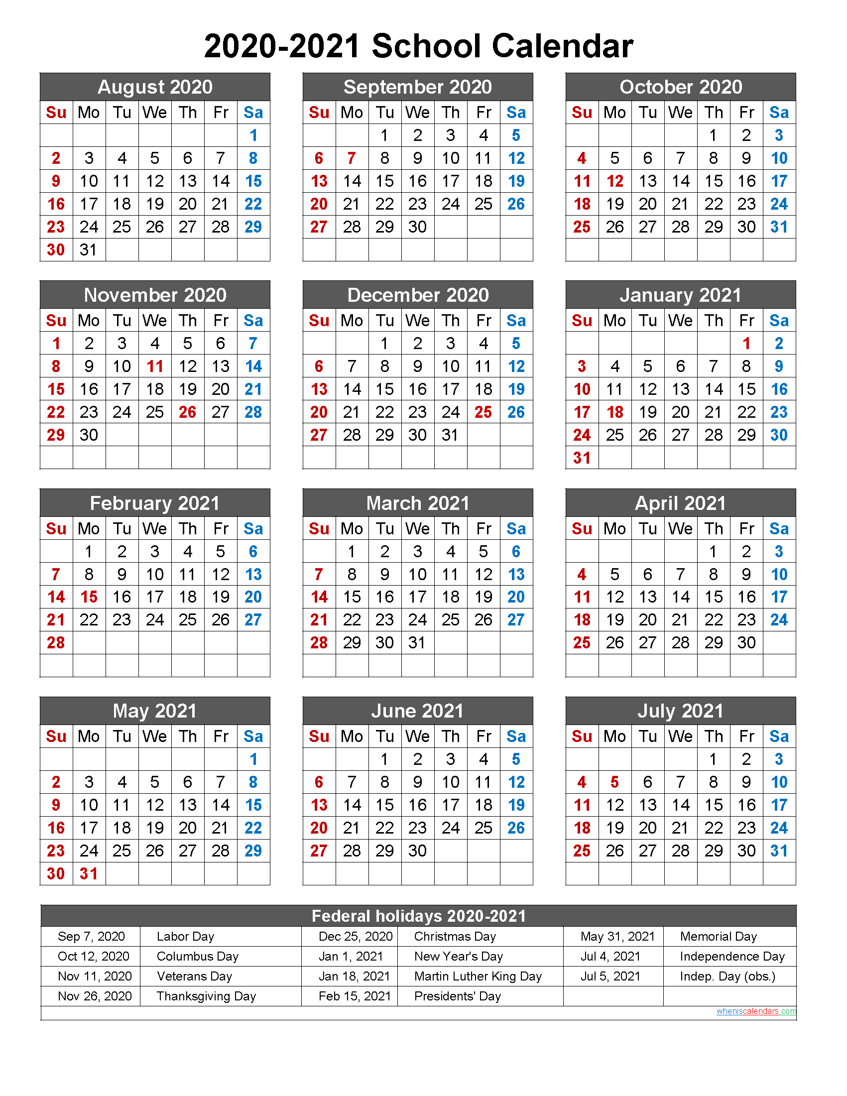 School Calendar 2020 And 2021 Printable (Portrait