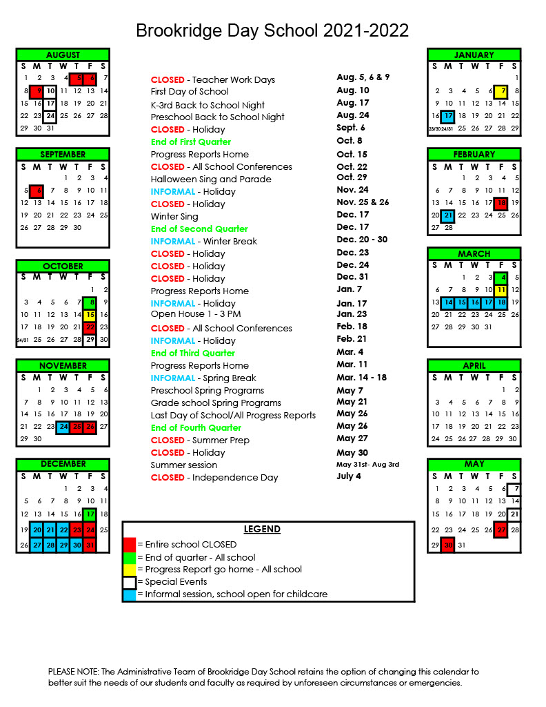 School Calendar 2021-2022 - Brookridge Day School