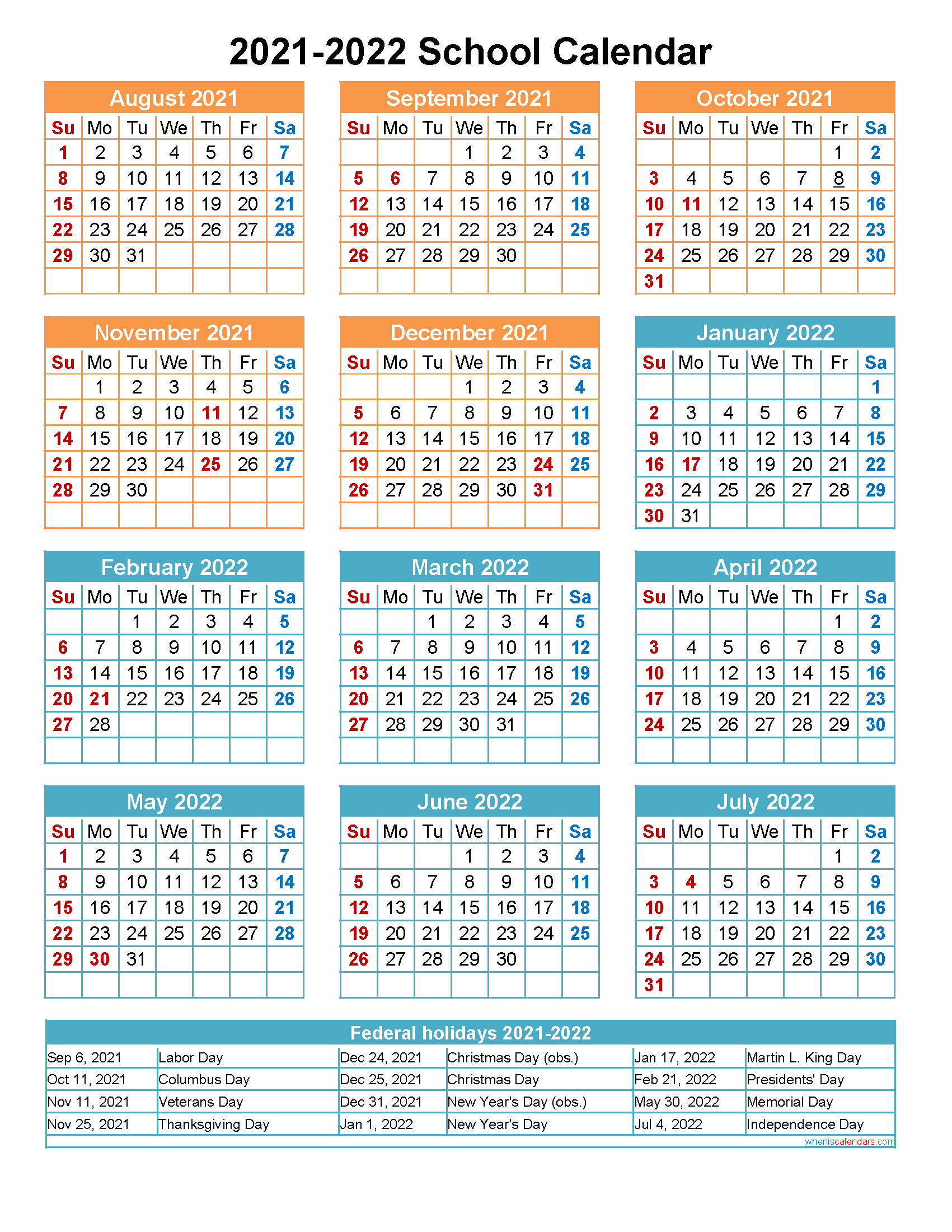 School Calendar 2021 And 2022 Printable (Portrait