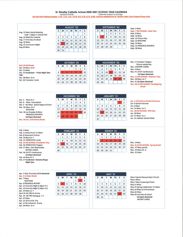 School Calendar - St. Timothy Catholic Church - Mesa, Az