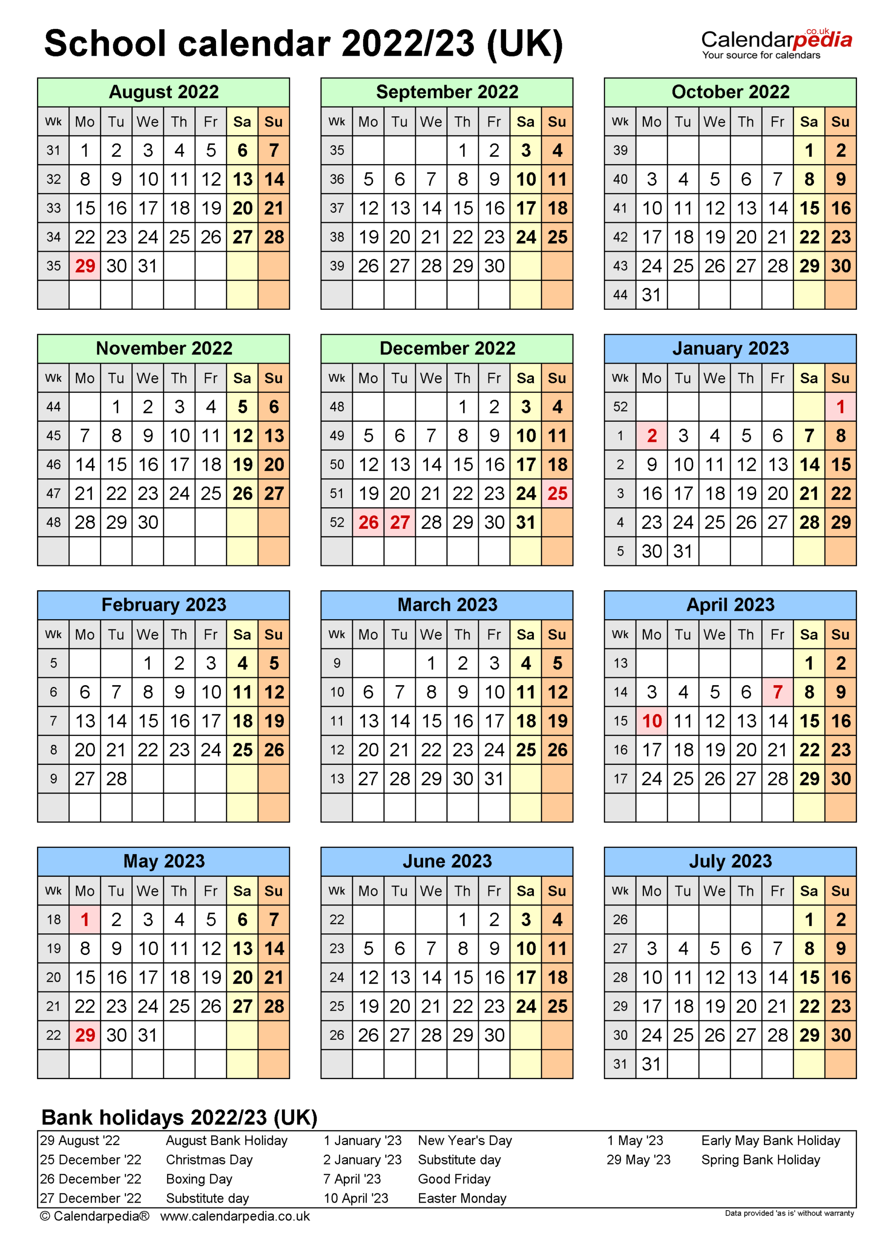School Calendars 2022/23 Uk - Free Printable Word Templates