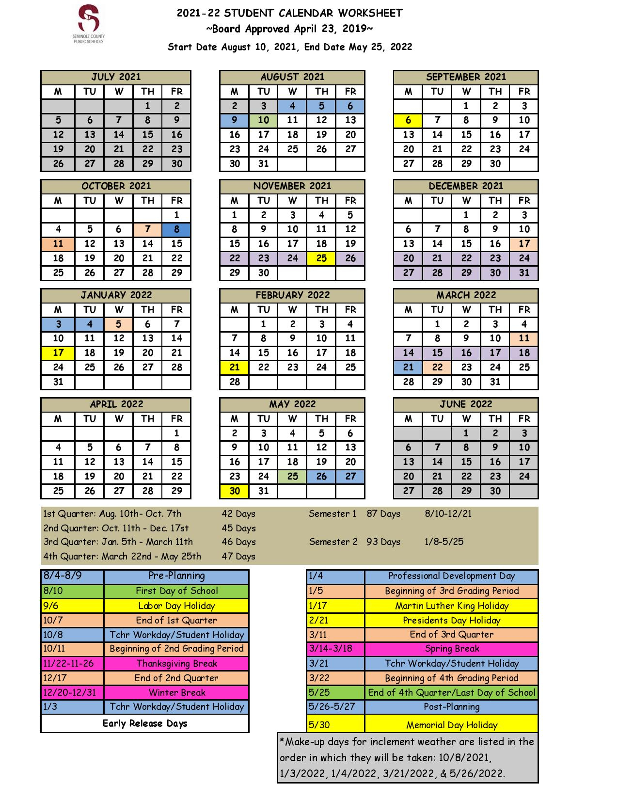 Seminole County Public Schools Calendar 2021-2022