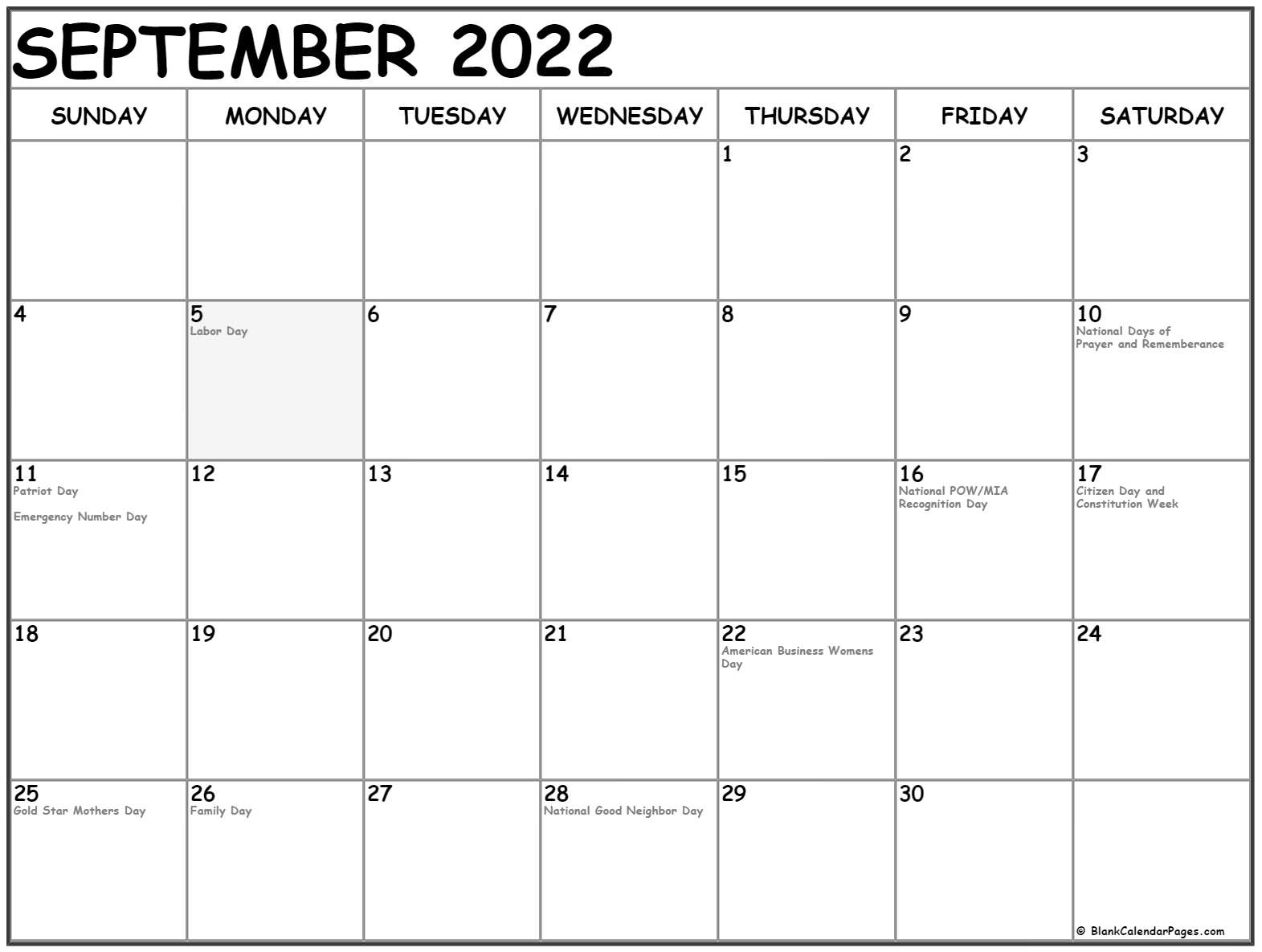 September 2022 With Holidays Calendar