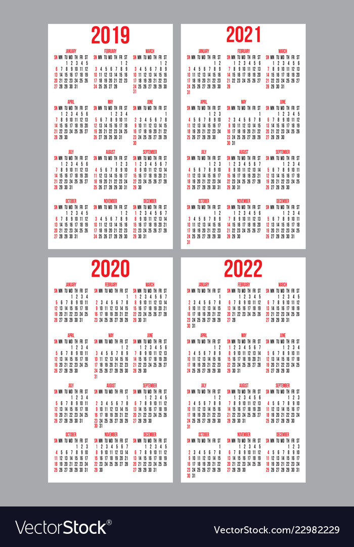 Set Calendar Grid For Years 2019-2022 Royalty Free Vector