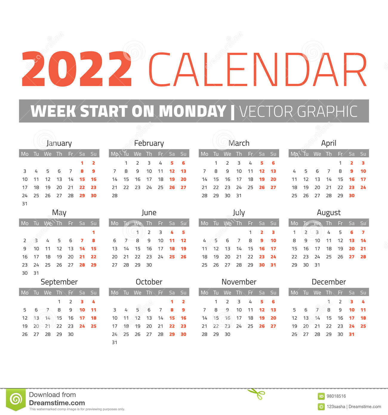 Simple 2022 Year Calendar Stock Vector. Illustration Of