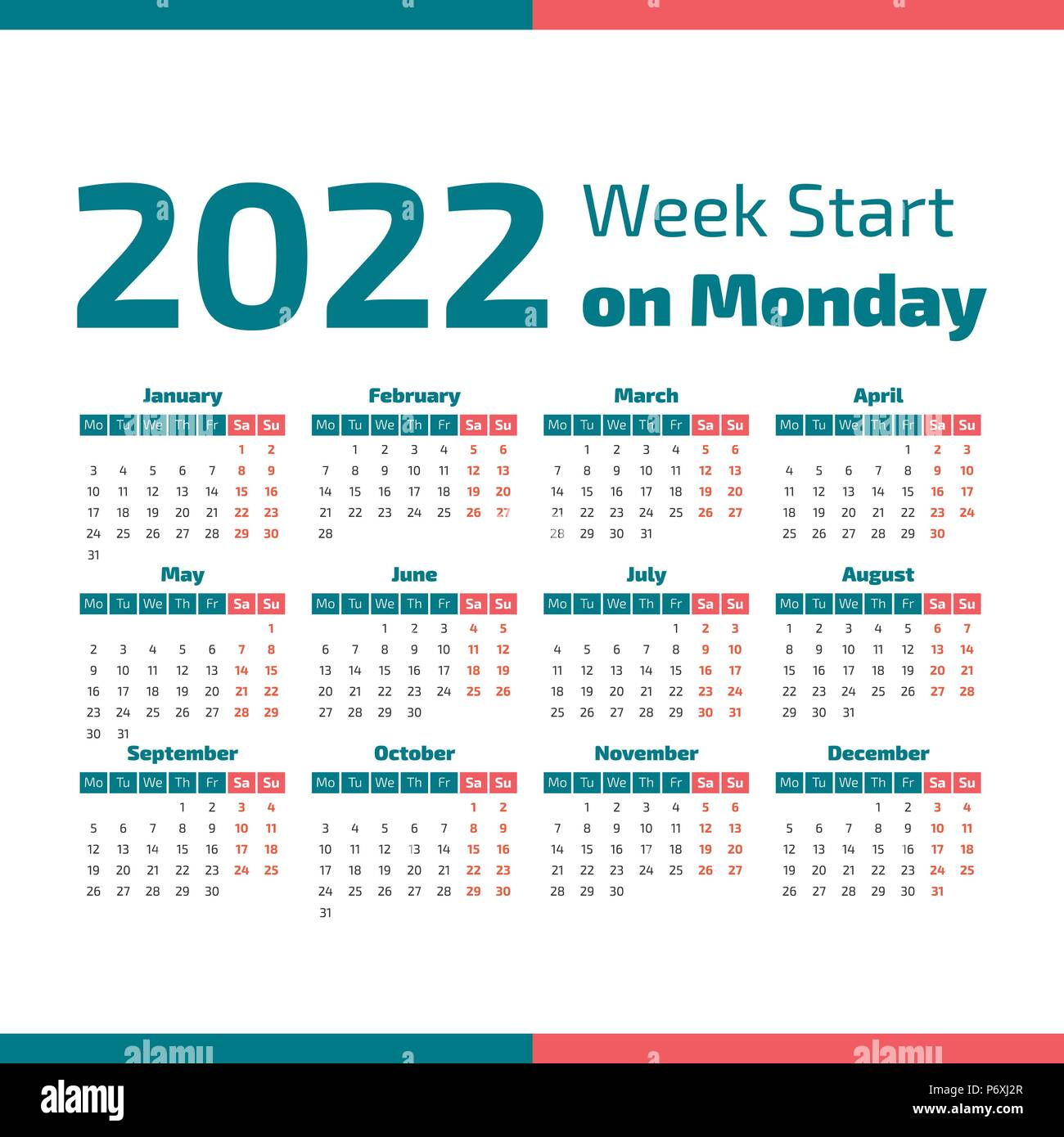 Simple 2022 Year Calendar, Week Starts On Monday Stock