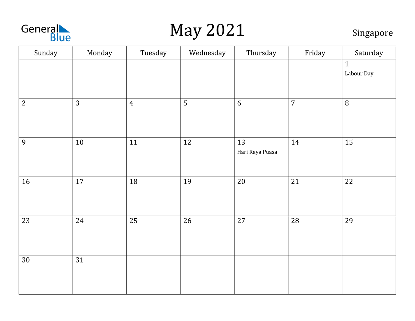 Singapore May 2021 Calendar With Holidays
