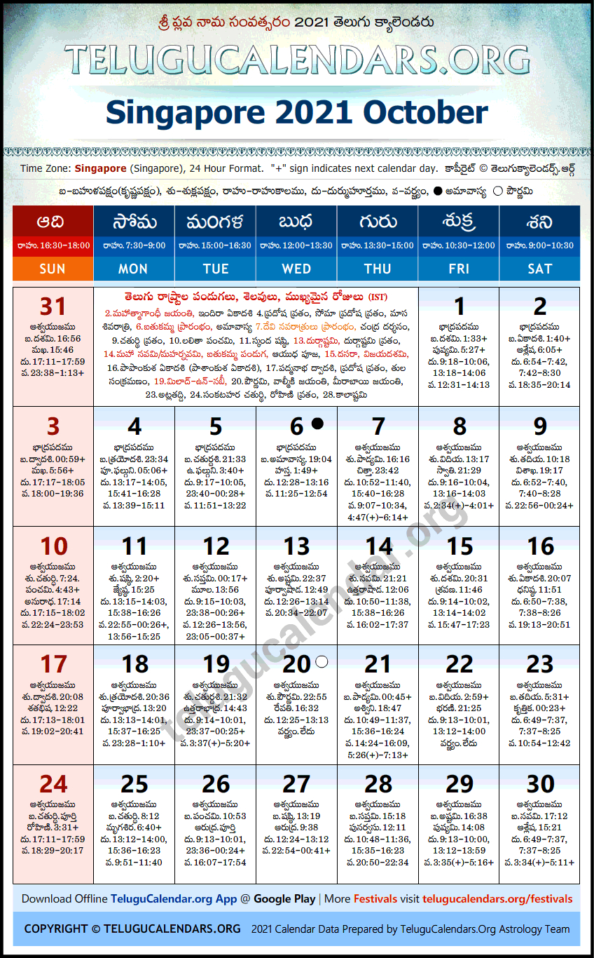 Singapore | Telugu Calendars 2021 October