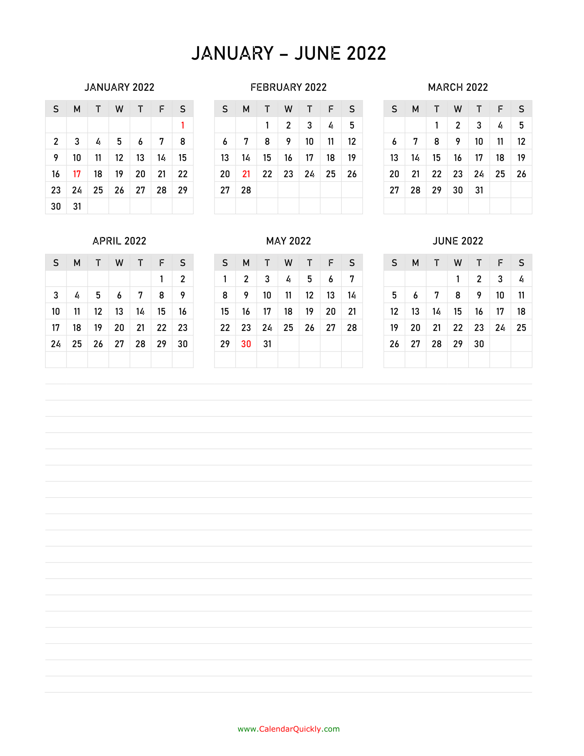 Six Months 2022 Calendar | Calendar Quickly