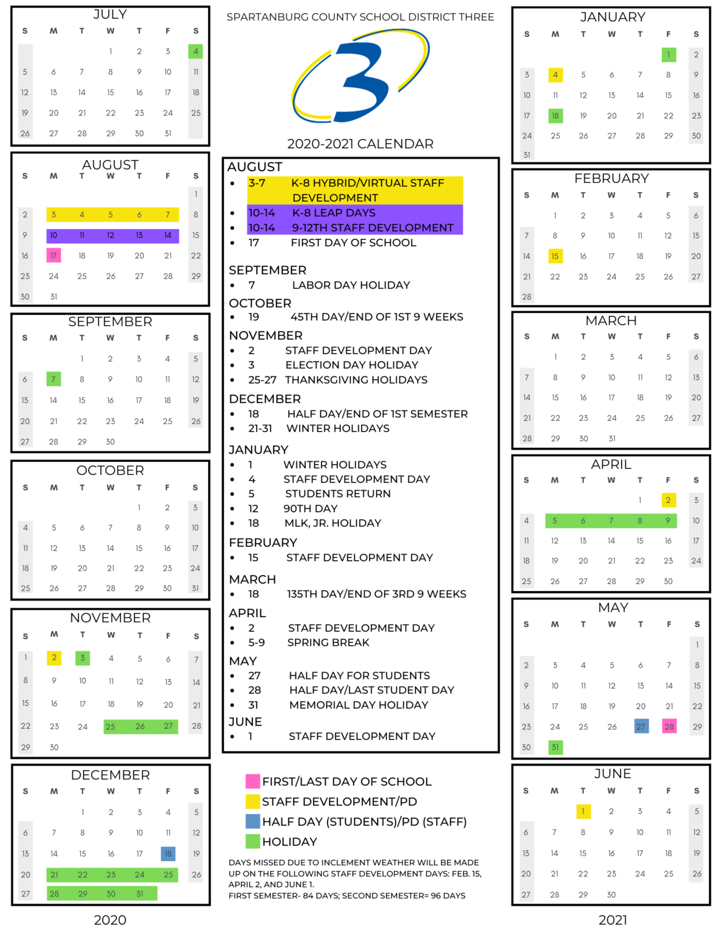 Spartanburg District 6 Calendar 2021 2022 | 2021 Calendar