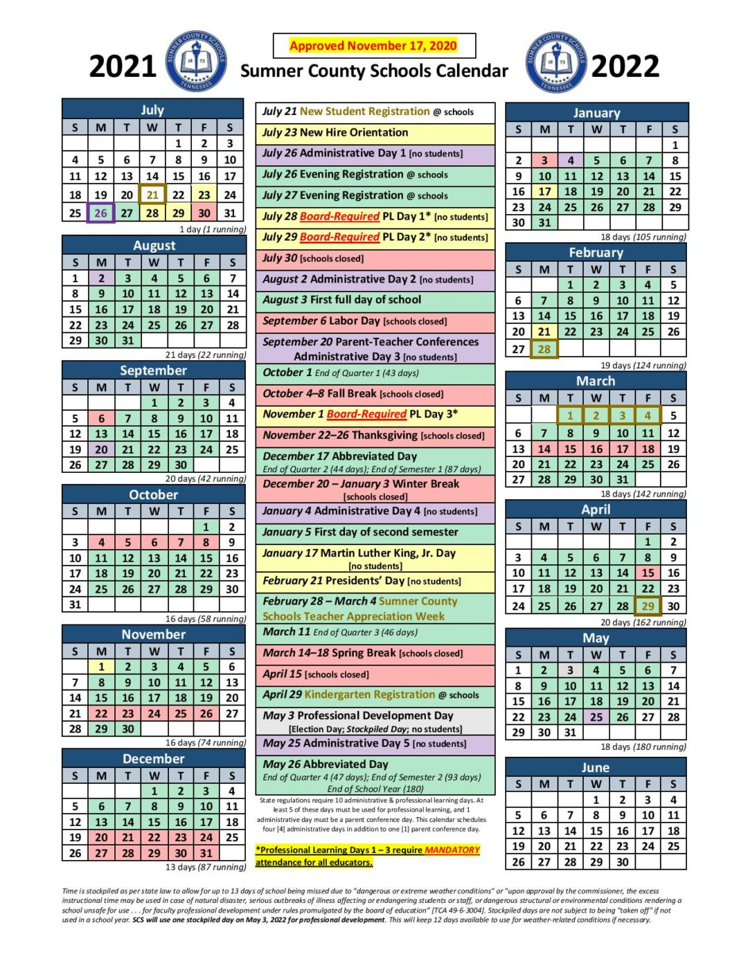 Sumner County School Calendar Holidays 2021-2022