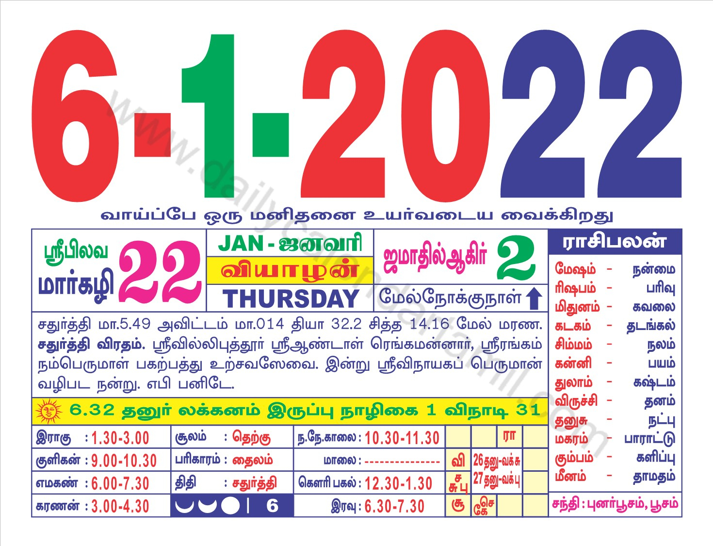 Tamil Calendar January 2022 | தமிழ் மாத காலண்டர் 2022
