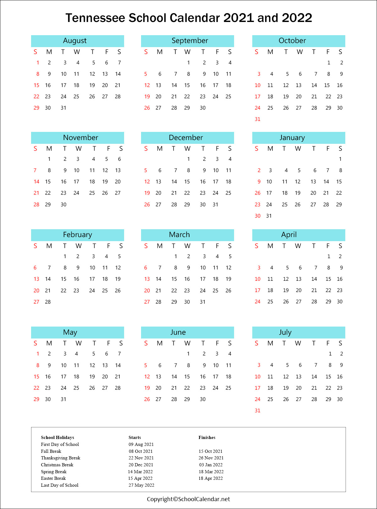 Tennessee School Calendar 2021-2022 [County School District]