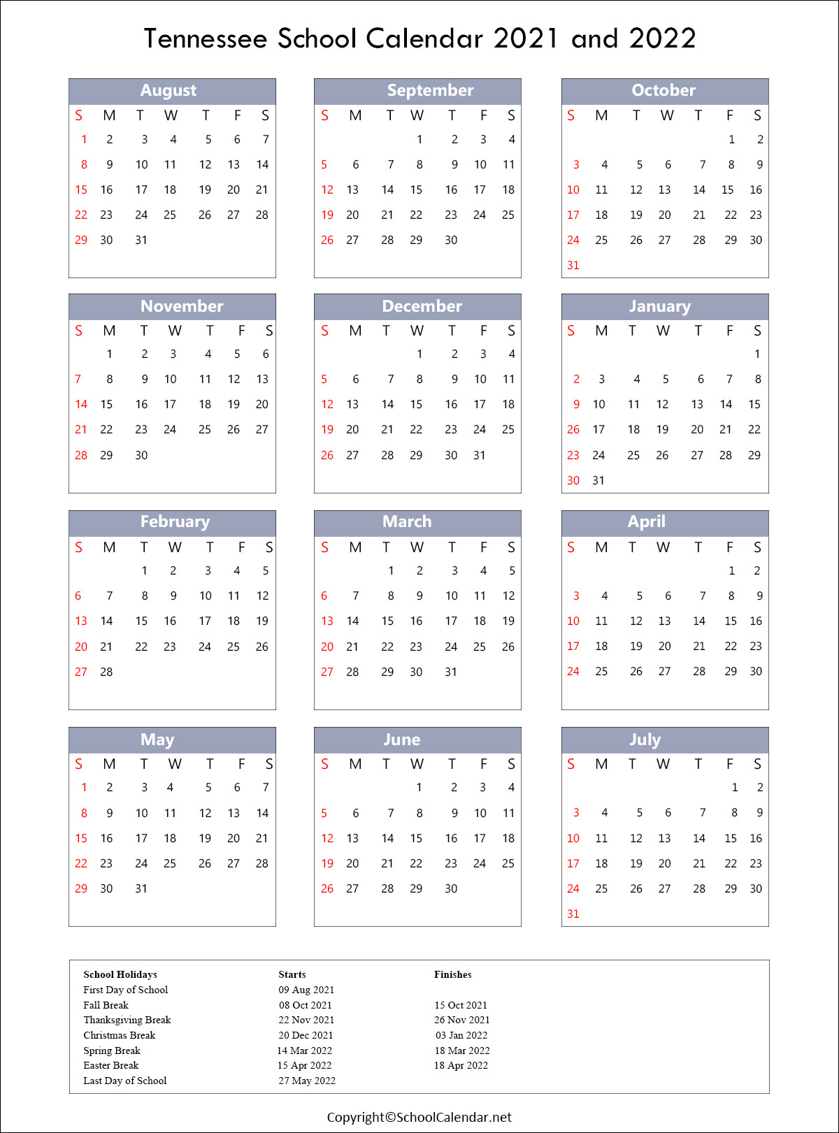 Tennessee School Calendar 2021-2022 [County School District]