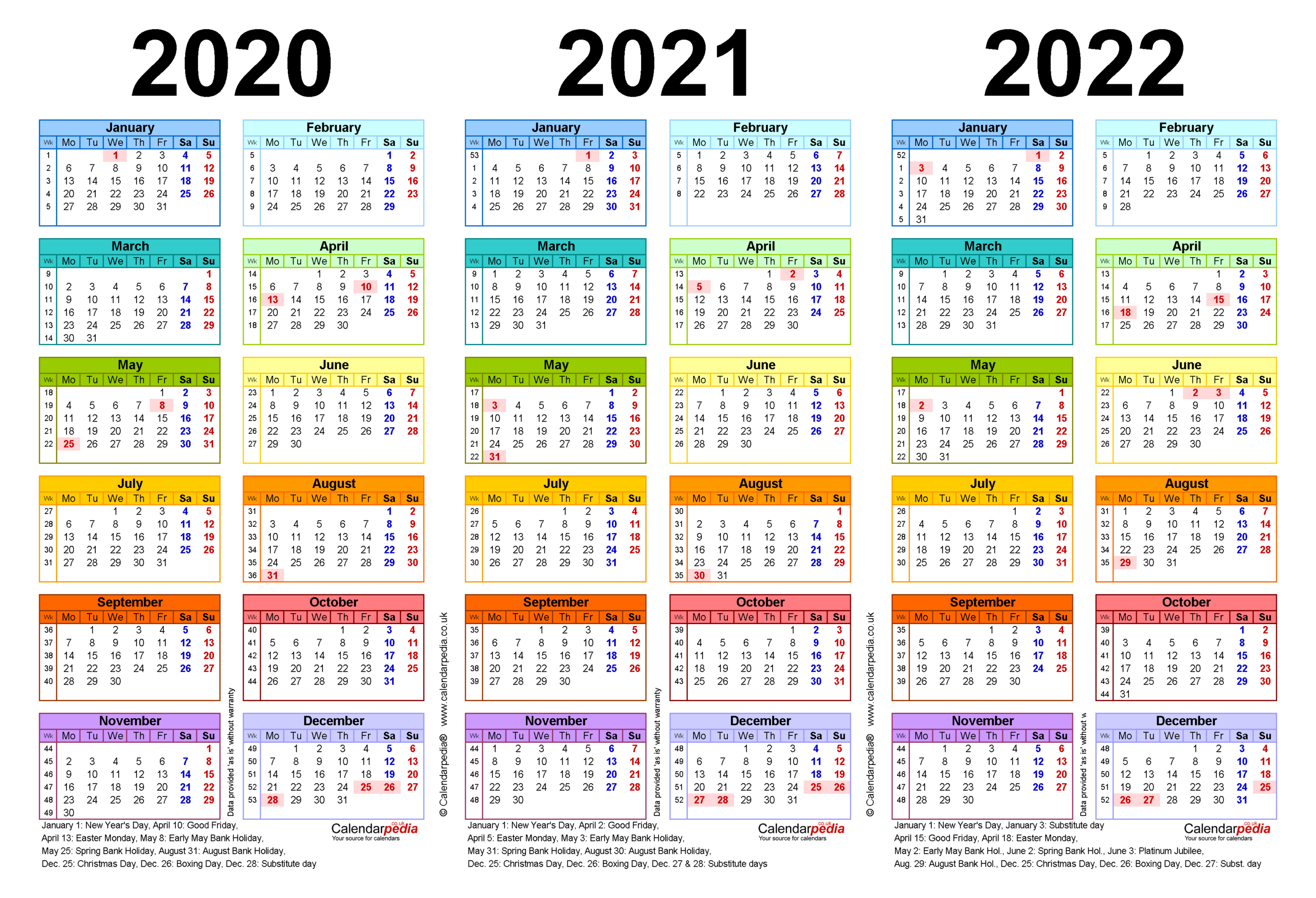 Three Year Calendars For 2020, 2021 &amp; 2022 (Uk) For Pdf