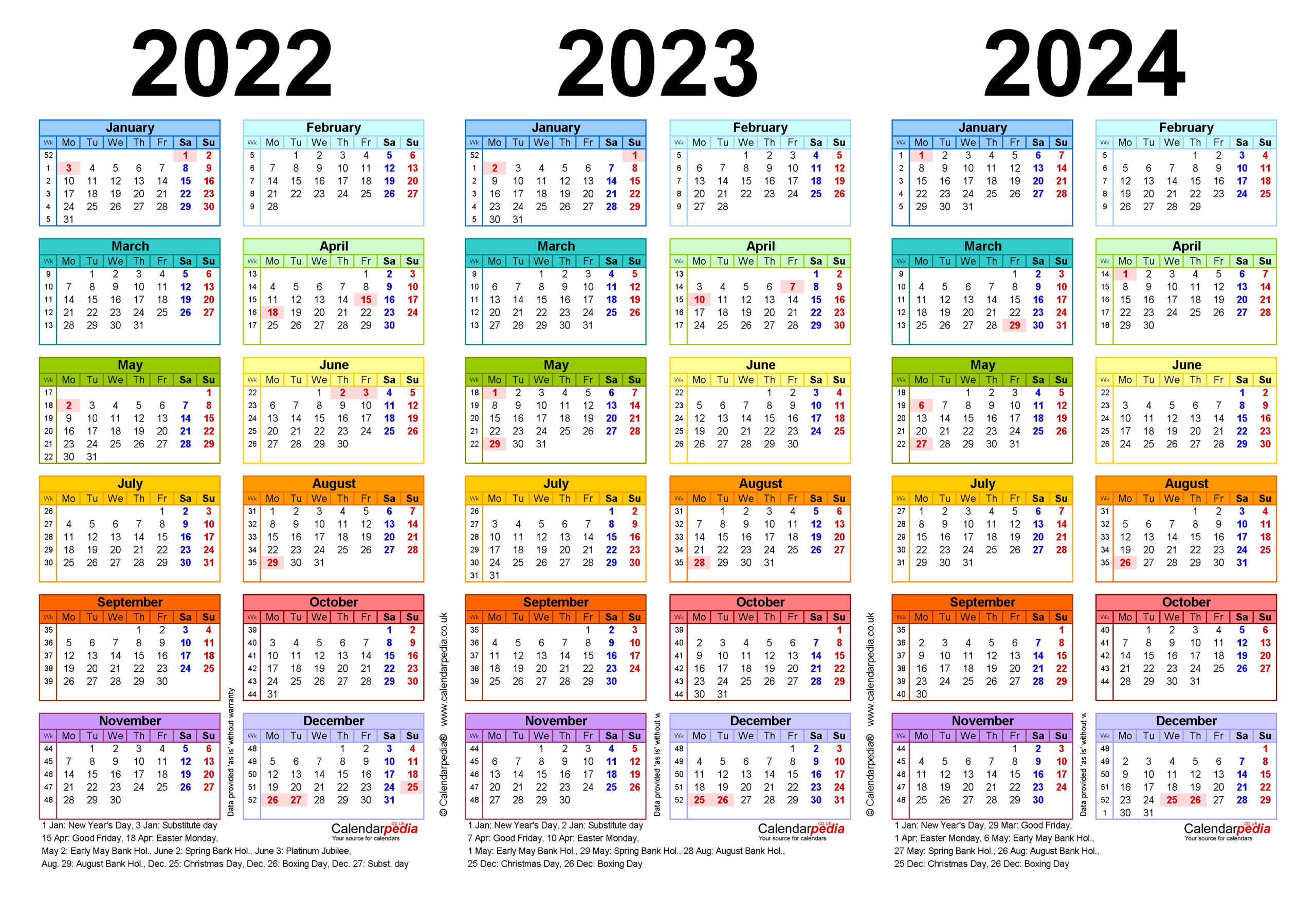 Three Year Calendars For 2022, 2023 &amp; 2024 (Uk) For Excel