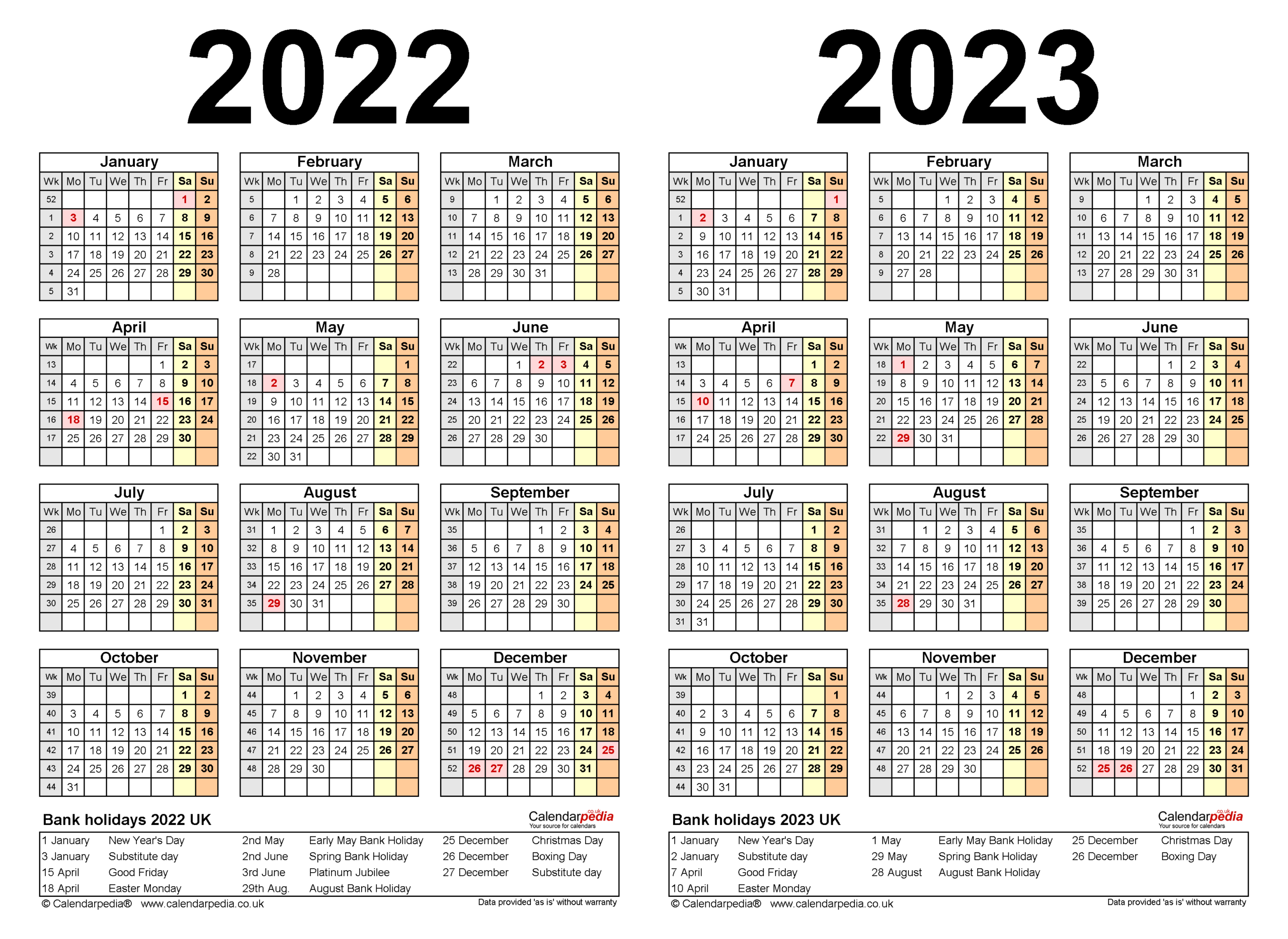 Two Year Calendars For 2022 &amp; 2023 (Uk) For Excel