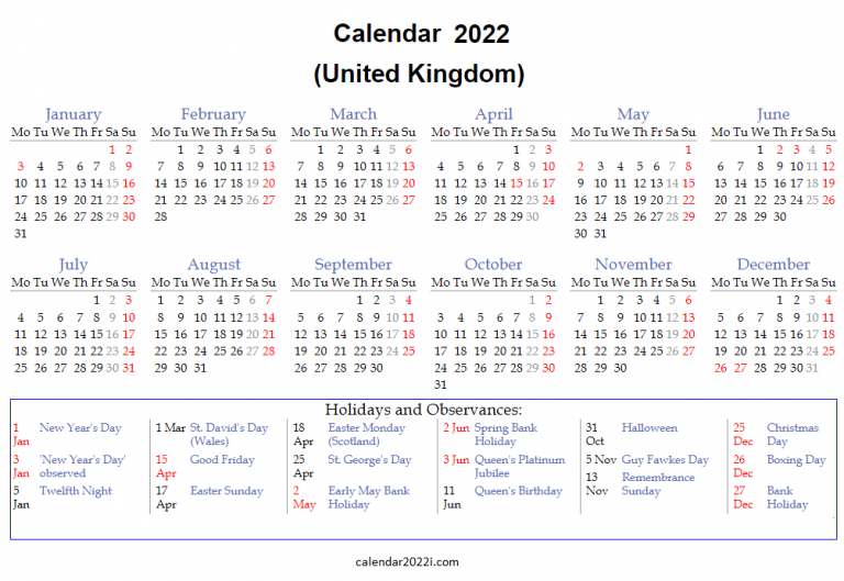 Uk 2022 Calendar Printable, Bank Holidays, Word, Excel