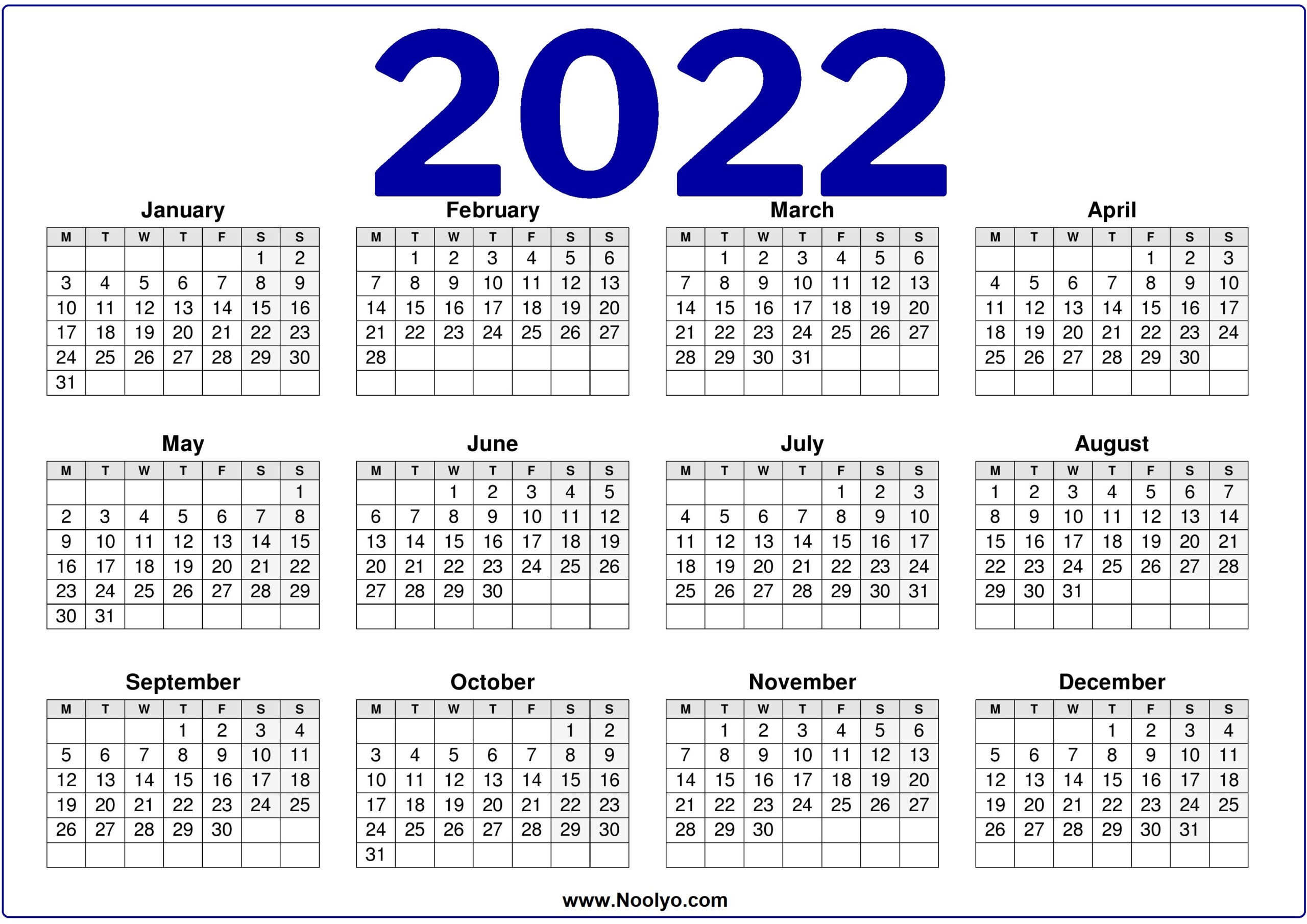 Uk 2022 Calendar Printable One Page - Noolyo