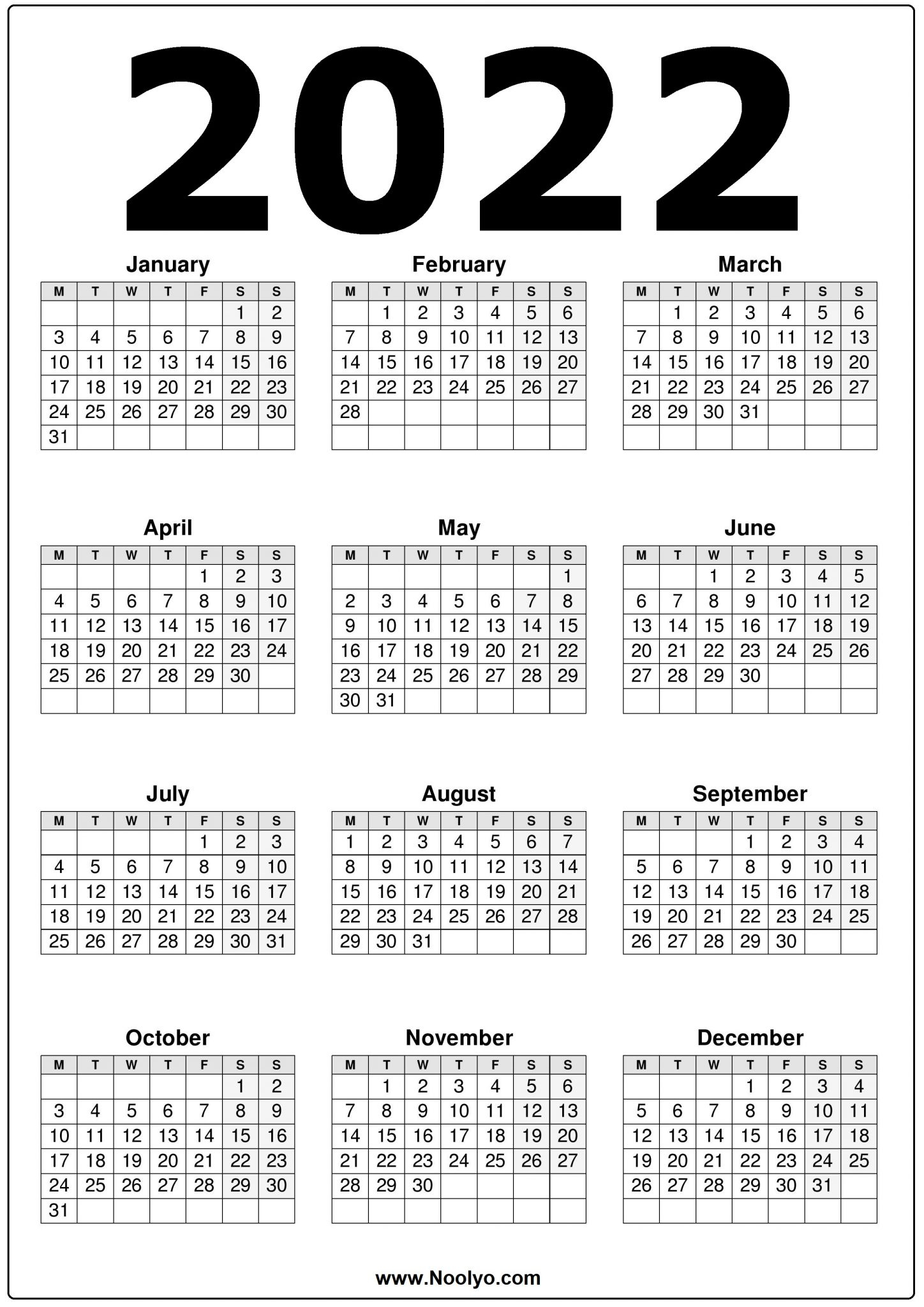 Uk 2022 Printable Calendar One Page - Noolyo