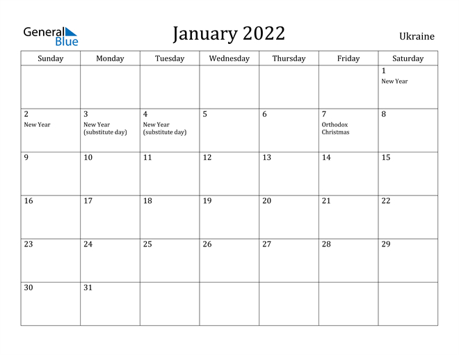 Ukraine January 2022 Calendar With Holidays