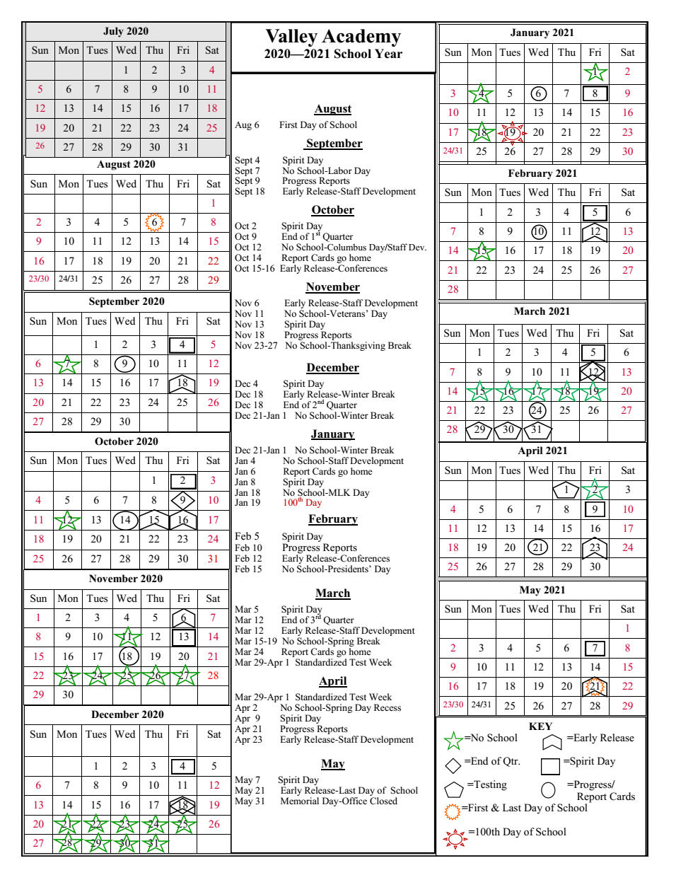 Va One Page Calendar 2020-2021 Rev061820 | Valley Academy