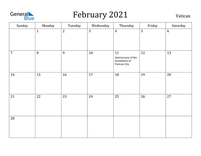 Vatican February 2021 Calendar With Holidays