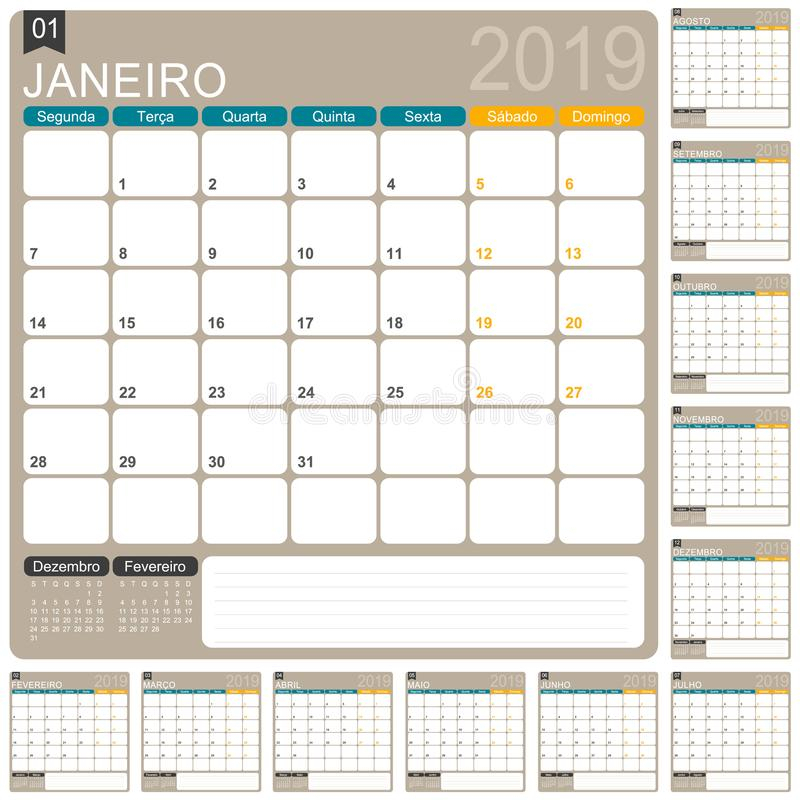 Vetor Português Do Calendário 2018-2019-2020 Ilustração Do