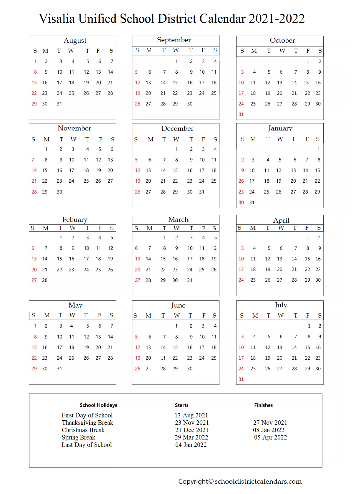 Visalia Unified School District Calendar 2021-2022 With