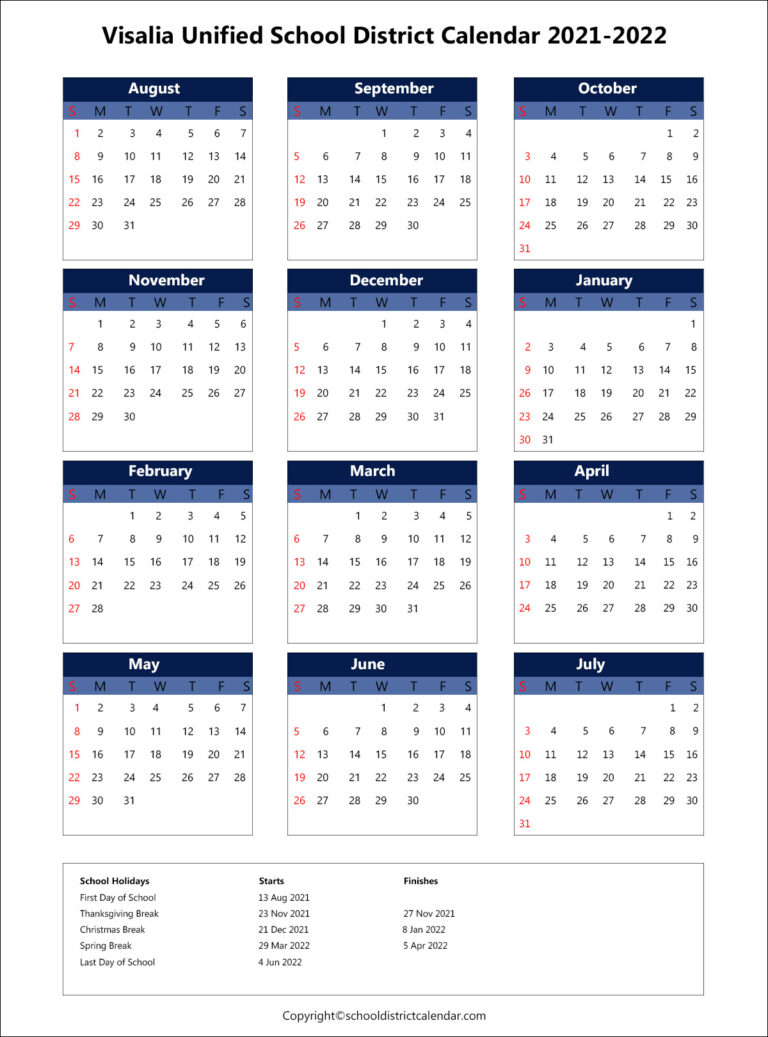 Visalia Unified School District Calendar Holidays 2021-2022