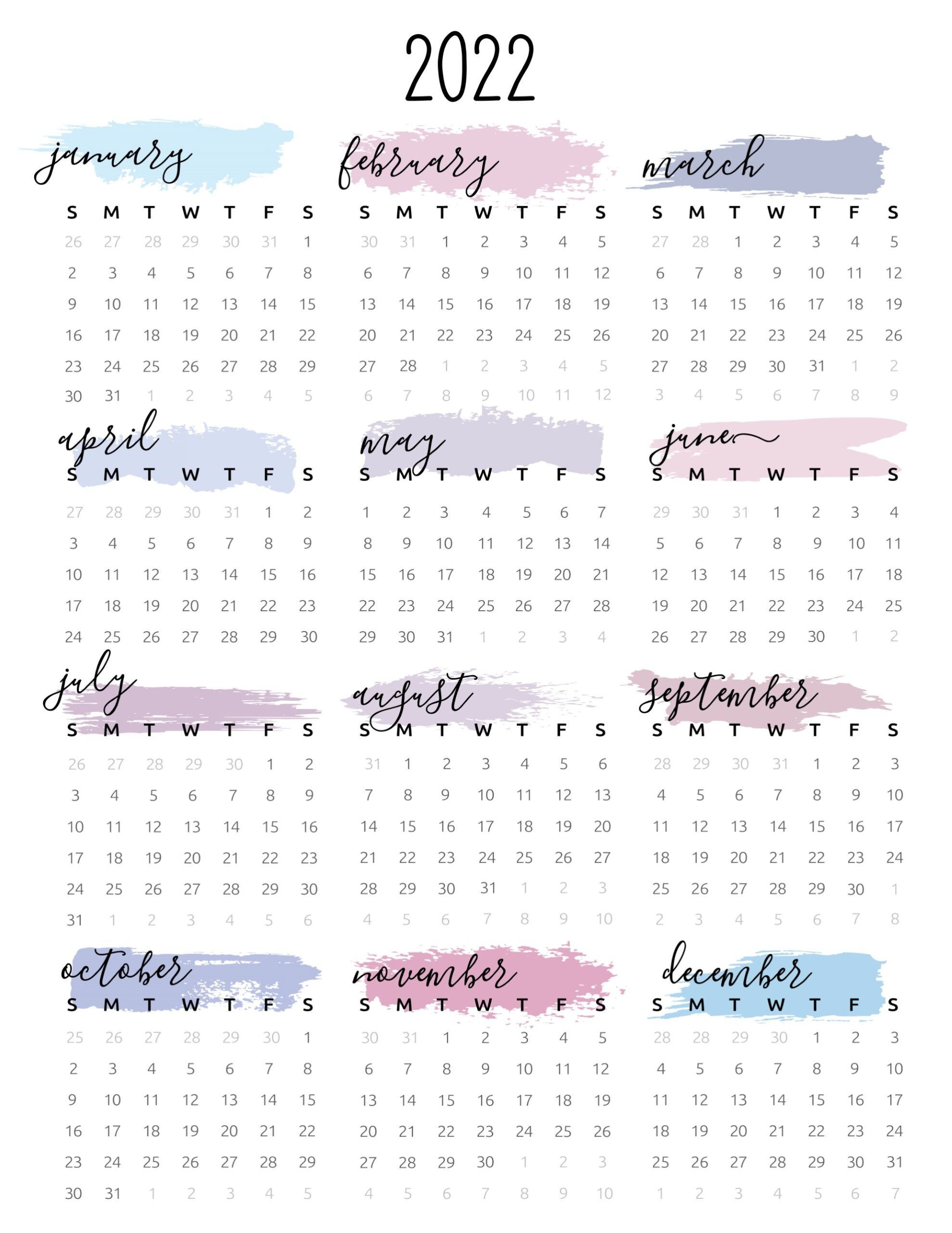 Watercolor One Page 2022 Calendar - World Of Printables